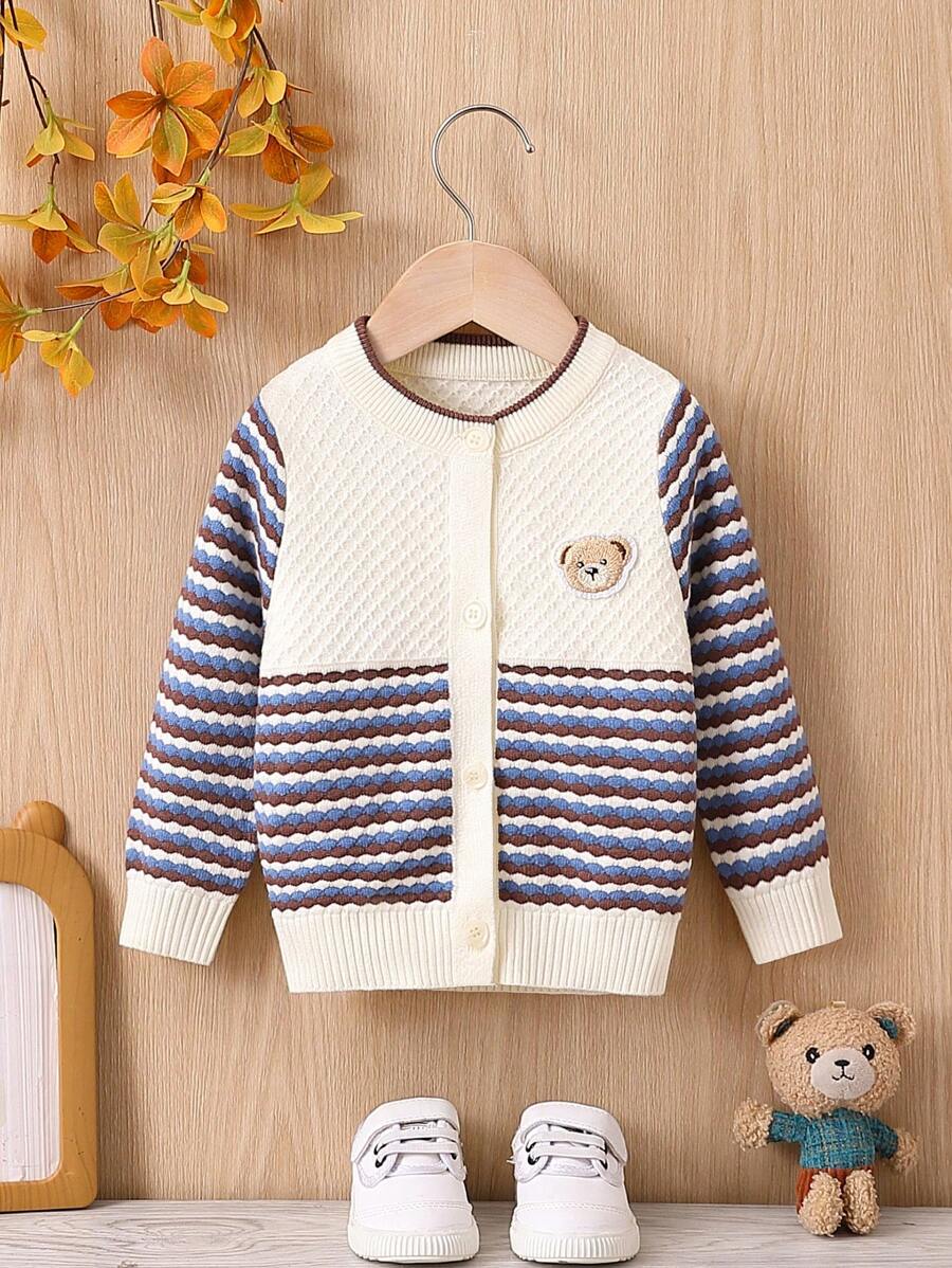 男嬰泰迪熊和條紋圖案開襟衫 - 藍色 - 查看 1