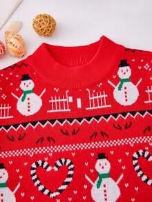 SHEIN Nhỏ bé Cô gái Giáng sinh Người tuyết In Áo len - Đỏ - Xem 3