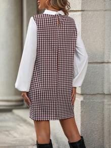 SHEIN Clasi Houndstooth Splicing Lantern Sleeve Dress - Red - View 2