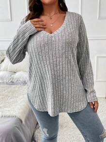 SHEIN Plus V Neck Marled Knit Tee Fall Cloth For Women - Light Grey - View 6