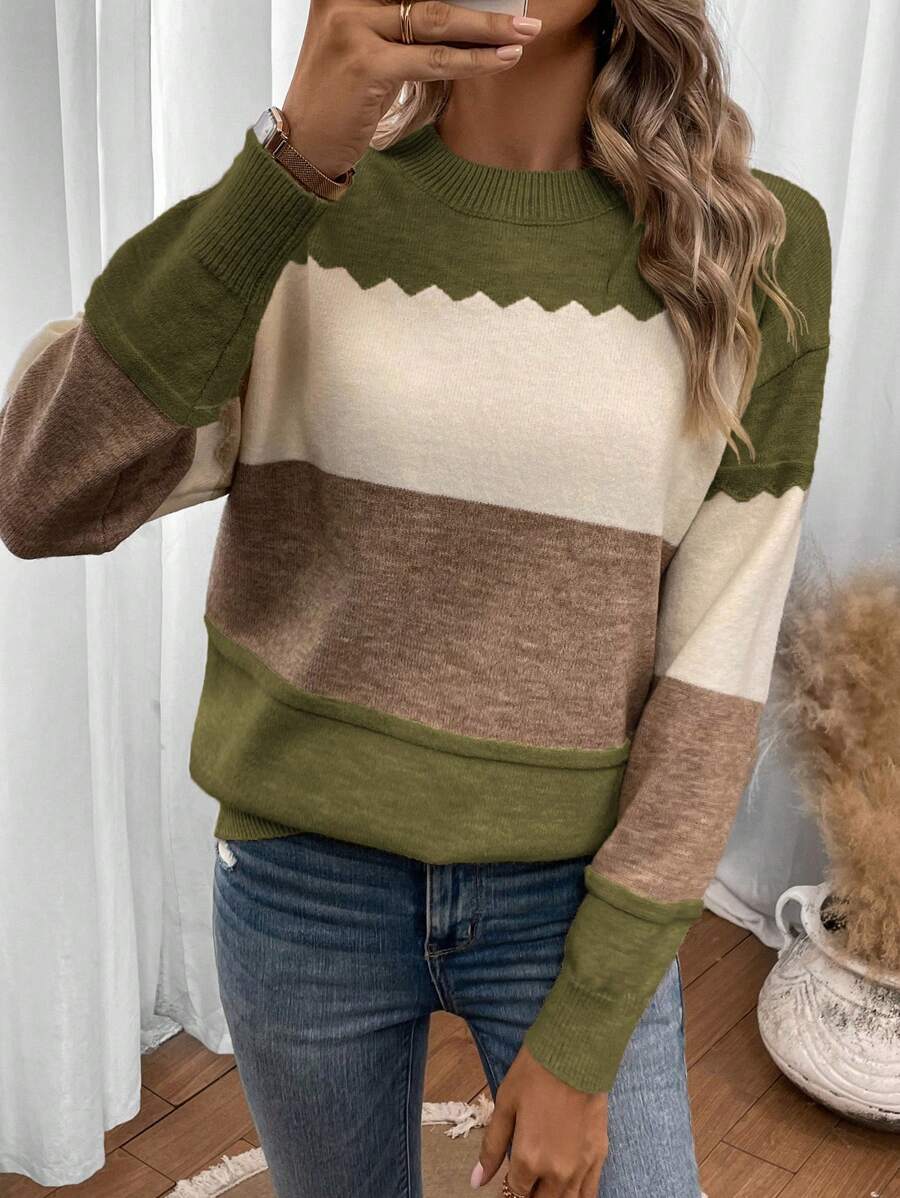 SHEIN LUNE Color Block Drop Shoulder Sweater,Long Sleeve Tops In Fall/Winter - Multicolor - View 1