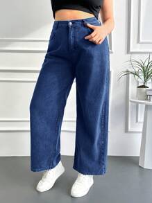RueChic Plus High Waist Wide Leg Jeans - Blue - View 1