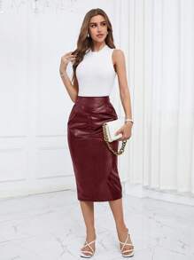 SHEIN Privé צבע אחיד חצאיות עם משופע כיסים - בורגונדי - ראה 4