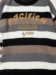 ANDREILEE Men's Striped Letter Embroidery Drawstring Sweater - Black - View 5