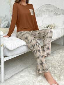 Plaid Long Sleeve Pajama Set - Brown - View 4