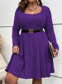 SHEIN Clasi Plus Size Women's Big Round Neck Ribbed Bodycon Dress - Purple - View 3
