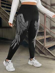 SHEIN EZwear Plus Size Leggings With Hotfix Rhinestone Wings Pattern - Black - View 6