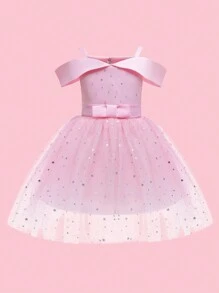 女孩网眼星星亮片公主裙，蓬松及膝婚礼派对礼服