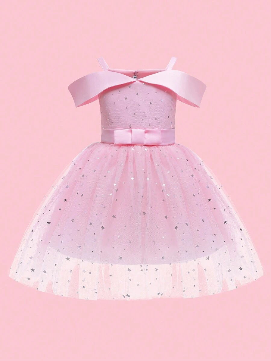 女孩网眼星星亮片公主裙，蓬松及膝婚礼派对礼服