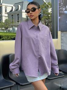 DAZY Camisa De Hombro Caído Para Mujeres Con Doble Bolsillo - Morado - Ver 8