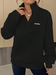 SHEIN EZwear Spring Clothes Textured Zipper Half Opening Stand Collar Sweatshirt Graduation,Back To School Outfits,Graduation,Teacher Outfits For Women,Back To School In Fall/Winter - Black - View 4