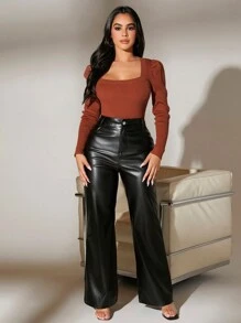 SHEIN SXY 女式性感蓬蓬袖緊身高領毛衣 - 卡其色 - 查看 5