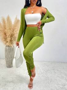 Zolique 純色鈕扣前開衫配束邊上衣和緊身褲套裝 - 綠色 - 查看 4