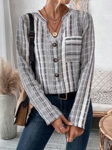 SHEIN Essnce And Linen Check Notch Collar Long-sleeved Shirt - Black and White - View 4