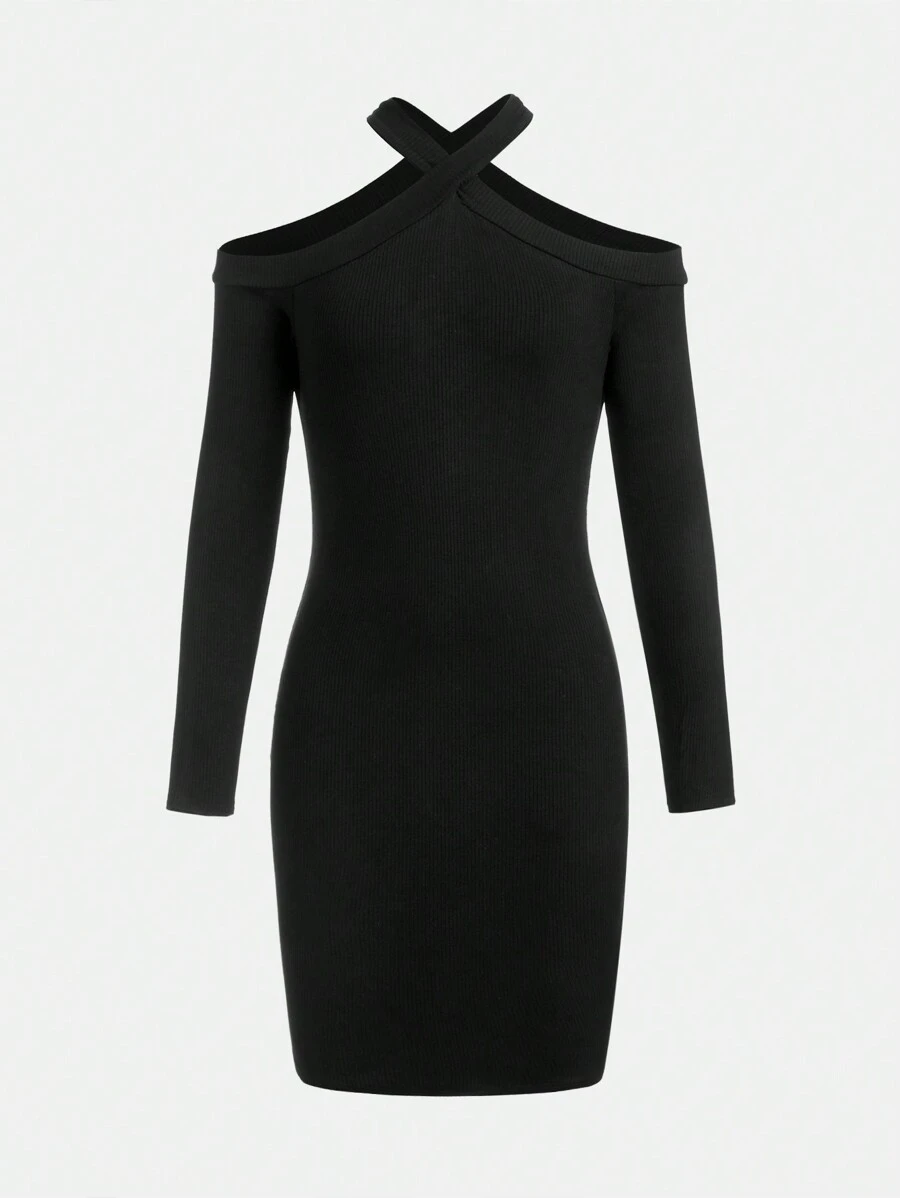 SHEIN 少女們的針織純色十字背心頸露肩裙 - 黑色 - 查看 1