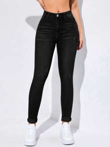 SHEIN EZwear High-Waisted Button-Embellished Skinny Stretch Distressed Y2K Jeans Thickened Denim