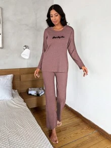EURMUSE Letter Graphic Rib-Knit Lounge Set - Dusty Pink - View 4