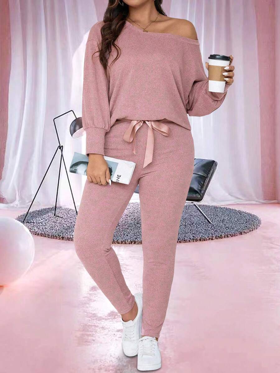 Conjuntos Talla Grande Nudo Canalé Liso Casual - Rosa - Ver 1