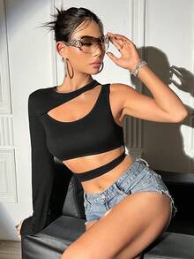 SHEIN Unity 女士不对称领口镂空上衣 - 黑色 - 查看 5