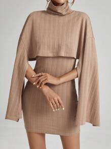 SHEIN Privé Women's High Collar Batwing Sleeve Top And Dress Set