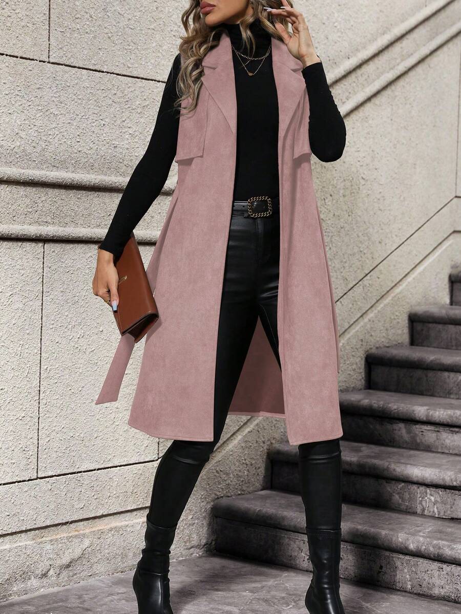 EMERY ROSE Solid Color Sleeveless Jacket With Waist Belt - Pink - View 1