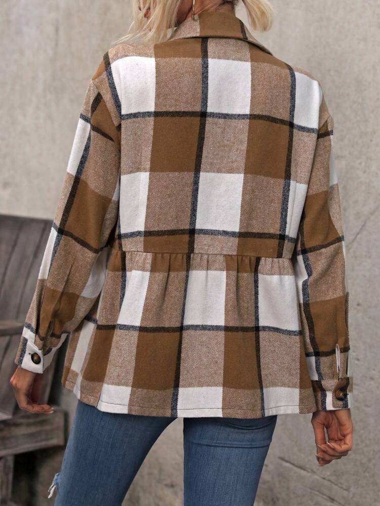Women's Plaid Woolen Coat With Pocket