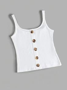 SHEIN EZwear Top de tirante tejido de canalé con botón delantero - Blanco - Ver 3