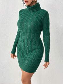 SHEIN Privé Women's Slim Fit High Neck Cable Knit Sweater Dress - Green - View 6