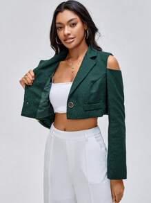 CAYCEE BLACK 设计师商务休闲露肩单扣短款西装外套，适合假日、度假、外出、春季、节日、伊比萨岛风、办公室 - 墨綠色 - 查看 9