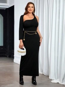 SHEIN Privé 大尺碼優雅單肩洋裝 - 黑色 - 查看 3