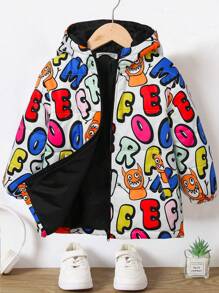 SHEIN 1pc Young Boys' Adorable Comfortable Cartoon Letter Pattern, Versatile Warm Quilted Stand Collar Thick Coat For Winter - White - View 1