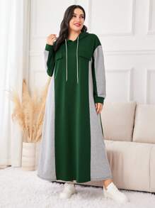 Mulvari Plus Size Women's Colorblock Hooded Drawstring Sweatshirt Dress - Multicolor - View 1