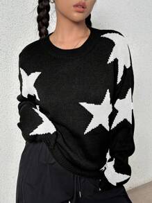 SHEIN Unity Hình sao Vòng cổ Áo chui đầu Áo len - màu đen - Xem 5