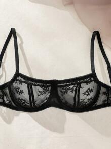 Sujetador de encaje con soporte de aros para mujer, lencería sexy - Negro - Ver 4