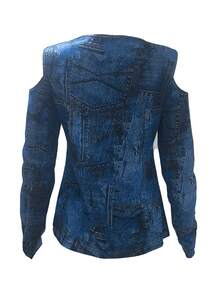 秋季歐美風格性感v領印花拉鍊女t恤女裝 - 藍色 - 查看 2