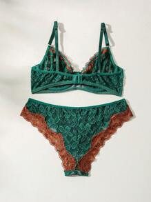 SHEIN 色塊蕾絲拼接性感內衣套裝 - 彩色 - 查看 2