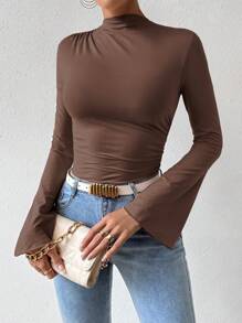 EMERY ROSE Flare Sleeve Bodysuit With Pleats Fall Cloth For Women - Coffee Brown - View 6