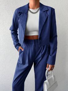 EURMUSE Ladies' Striped Suit Jacket And Pants Set - Royal Blue - View 3