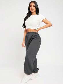 SHEIN PETITE Solid Elastic Waist Sweatpants - Grey - View 3