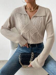 Chiquease 麻花针织落肩套头衫秋冬毛衣 - 卡其色 - 查看 3