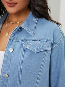 SHEIN Privé Rhinestone Embellished Thermal Lined Denim Jacket - Light Wash - View 2