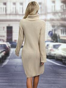 Solid Color Draped Neck High Slit Sweater Dress, Belt Not Included - Khaki - View 2