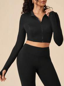 Color Block Zipper Front Tight Fit Short Sports Jacket - Black - View 5