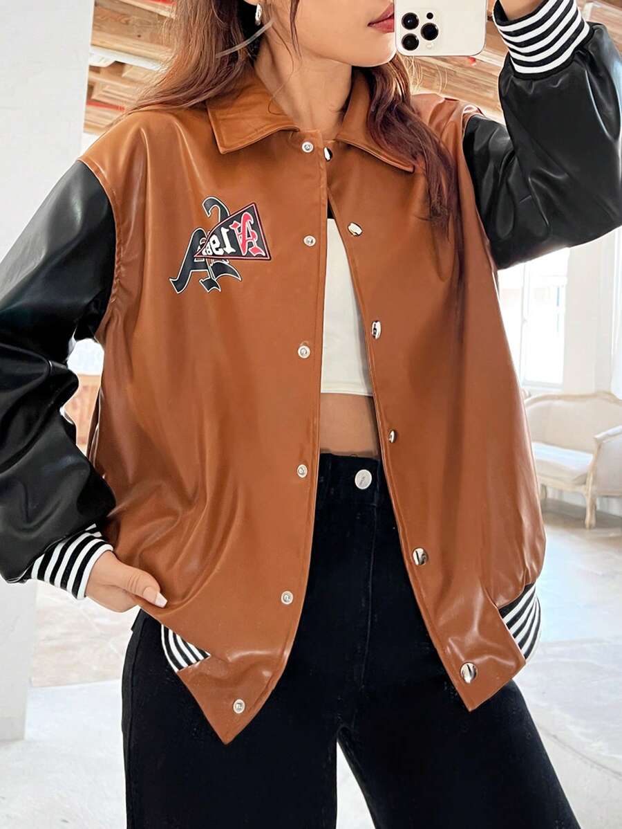 SHEIN EZwear 女士掉肩夾克,印有字母圖案 - 彩色 - 查看 1