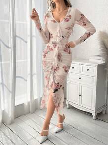 Firerie 女款花卉印花 V 領網布拼接荷葉邊下擺洋裝 - 彩色 - 查看 6