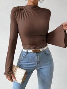 EMERY ROSE Flare Sleeve Bodysuit With Pleats Fall Cloth For Women - Coffee Brown - View 4
