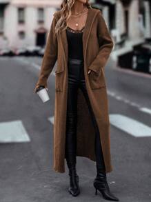 SHEIN LUNE Women's Long Hooded Cardigan With Open Front - Coffee Brown - View 6