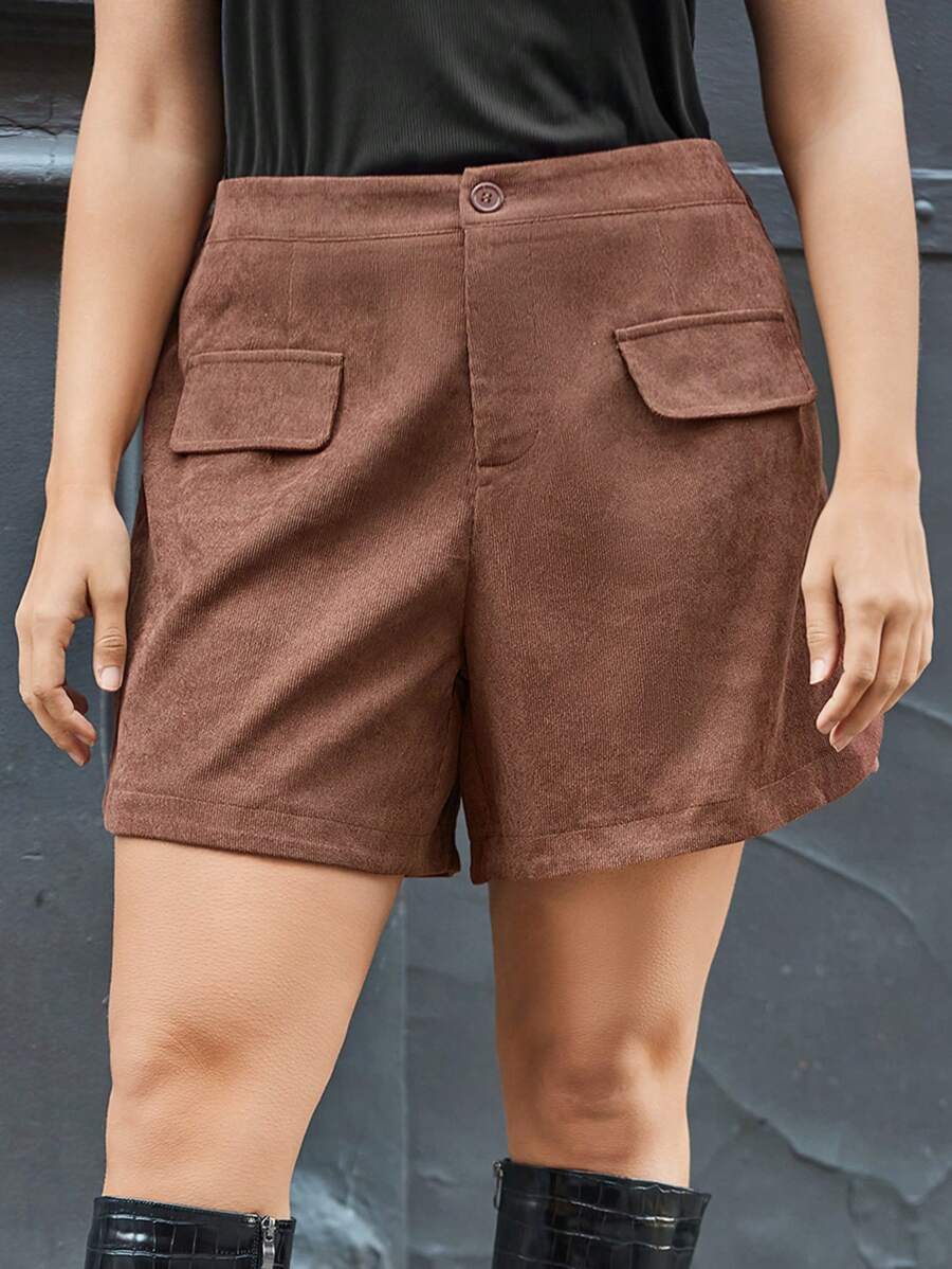 SHEIN Essnce Plus Size Women's Corduroy Straight Shorts - Brown - View 1