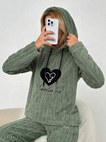 Women's Love & Letter Embroidery Drawstring Hooded Pajama Top - Green - View 4
