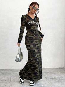 SHEIN EZwear 運動迷彩女用條紋 V 領連身裙 - 軍綠色 - 查看 3